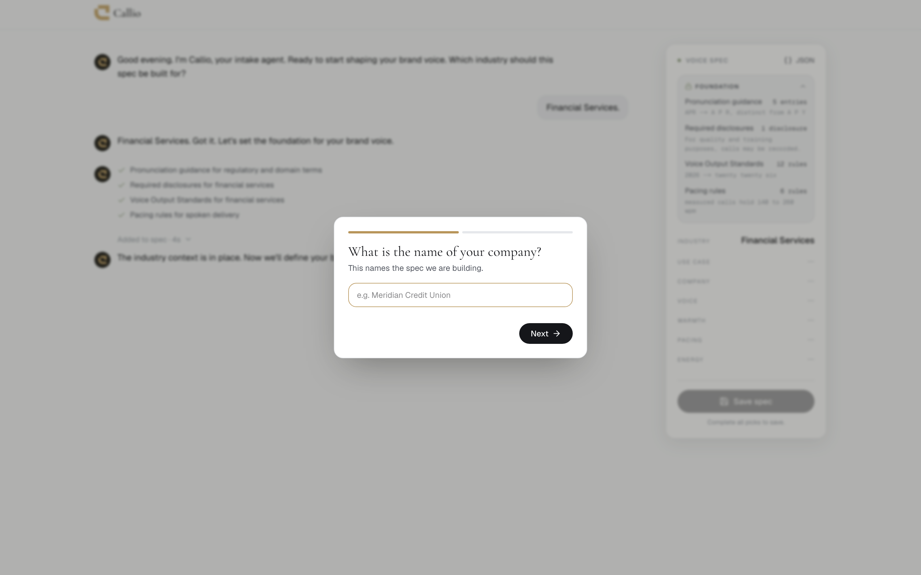 Callio building a Financial Services foundation with pronunciation, disclosure, output, and pacing rules.