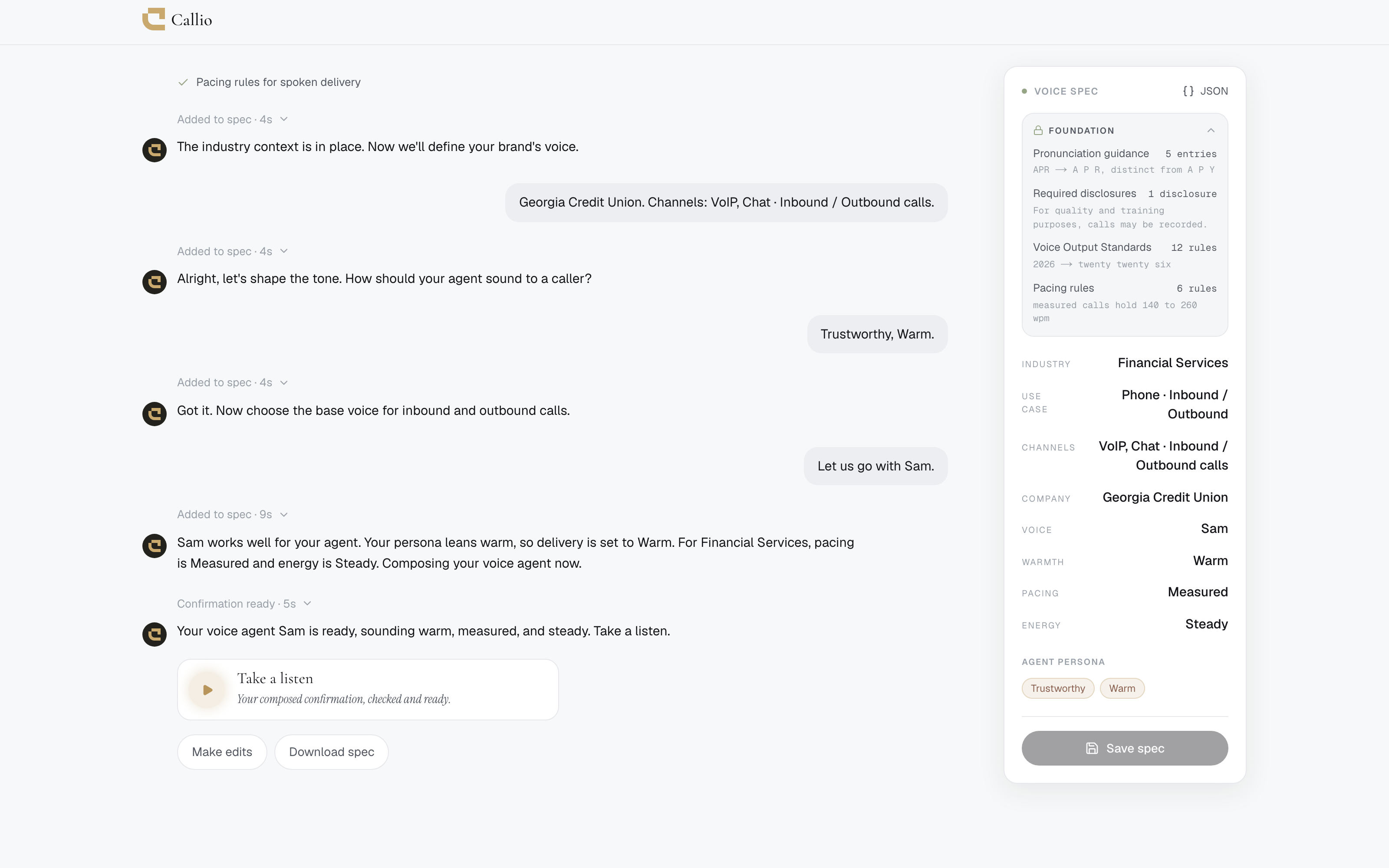 The complete human-readable Callio specification with industry, channels, company, voice, delivery settings, and agent persona.
