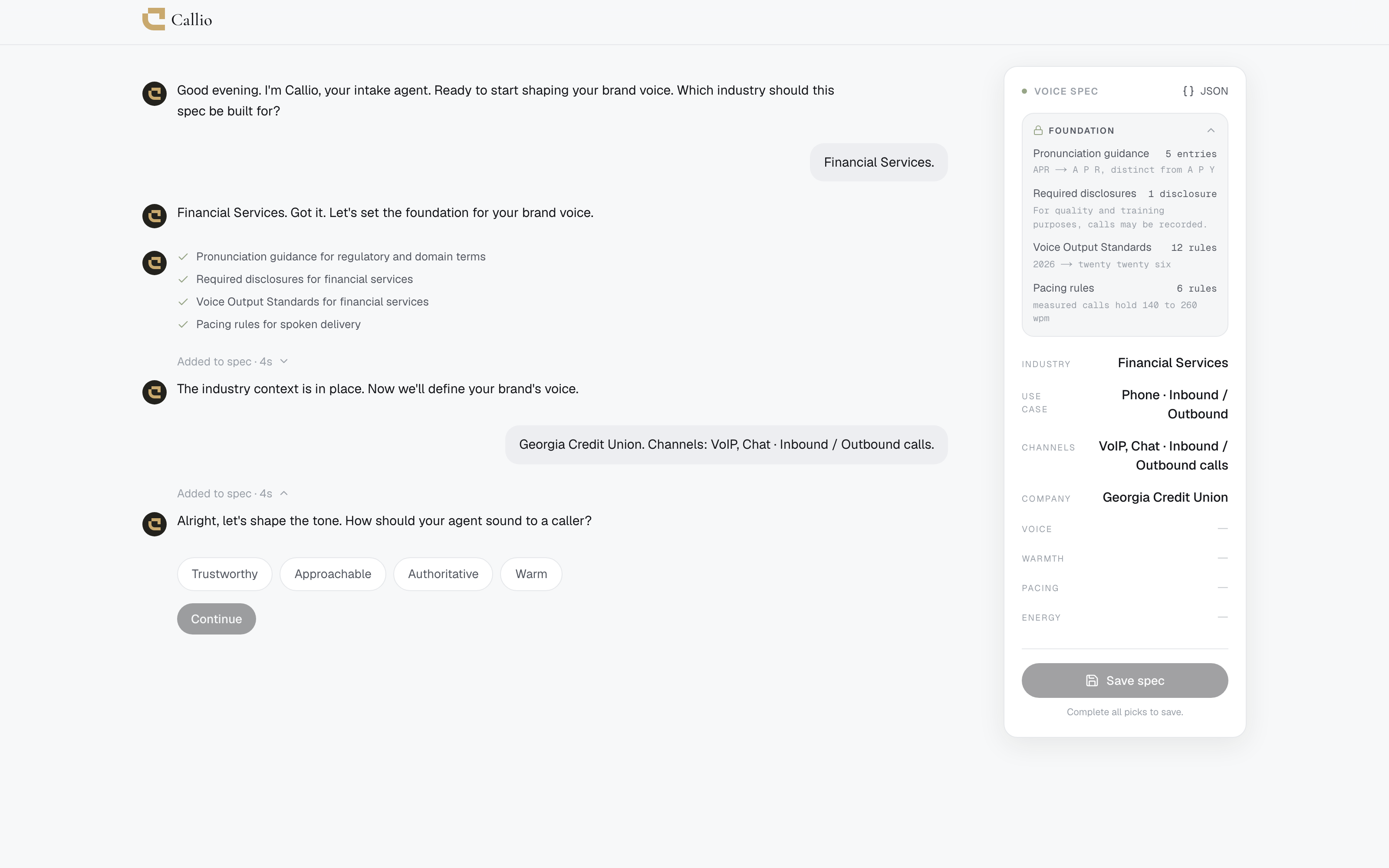 Callio presenting authentic tone options beside the developing specification.