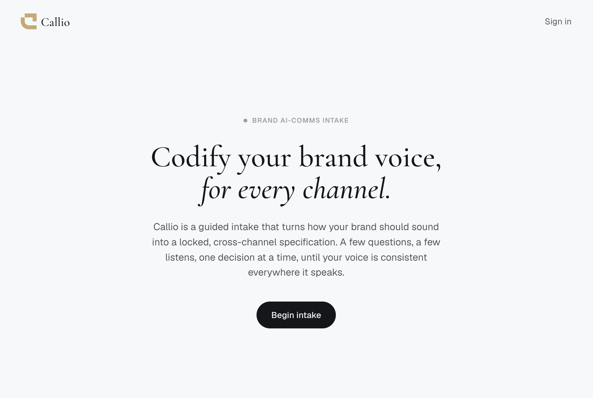 Callio intake landing screen with a prompt to begin defining a cross-channel brand voice